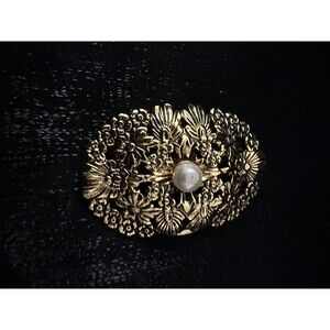 Vintage Lieba USA Scarf Brooch Pin Clip Gold Tone Faux Pearl Filigree Floral